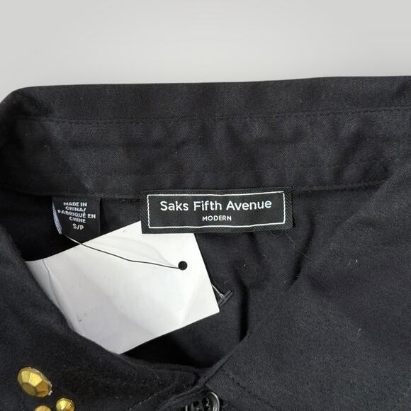 Saks Fifth Avenue Modern Black Cotton Shirt Jeweled Collar Hummingbird sz  S/P - Picture 3 of 9